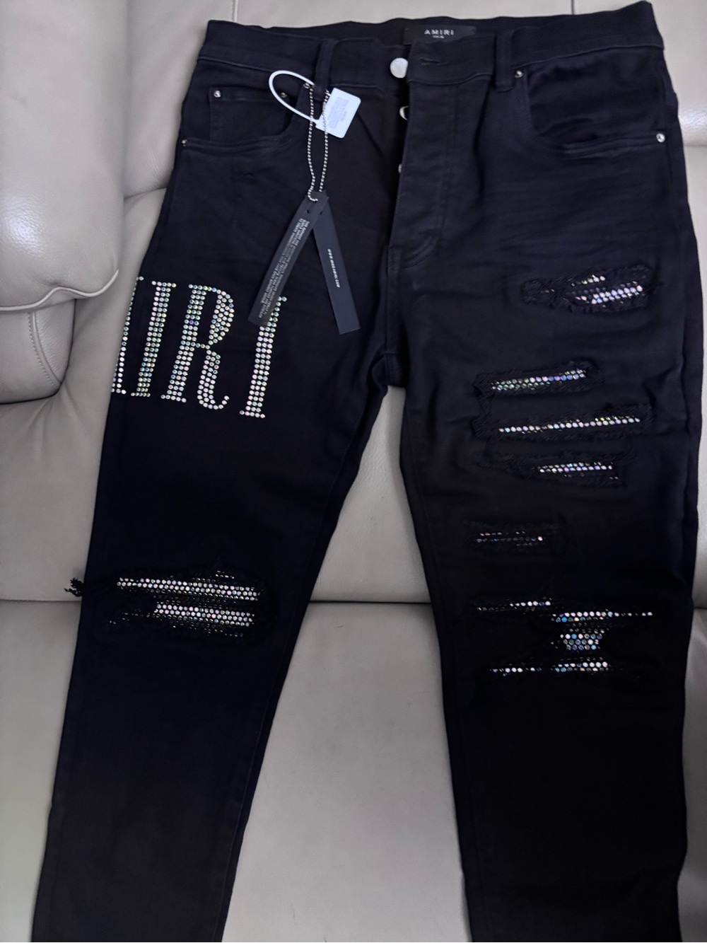 AMIRI Black Distressed Rhinestone Skinny Jeans - Picture 2 of 4